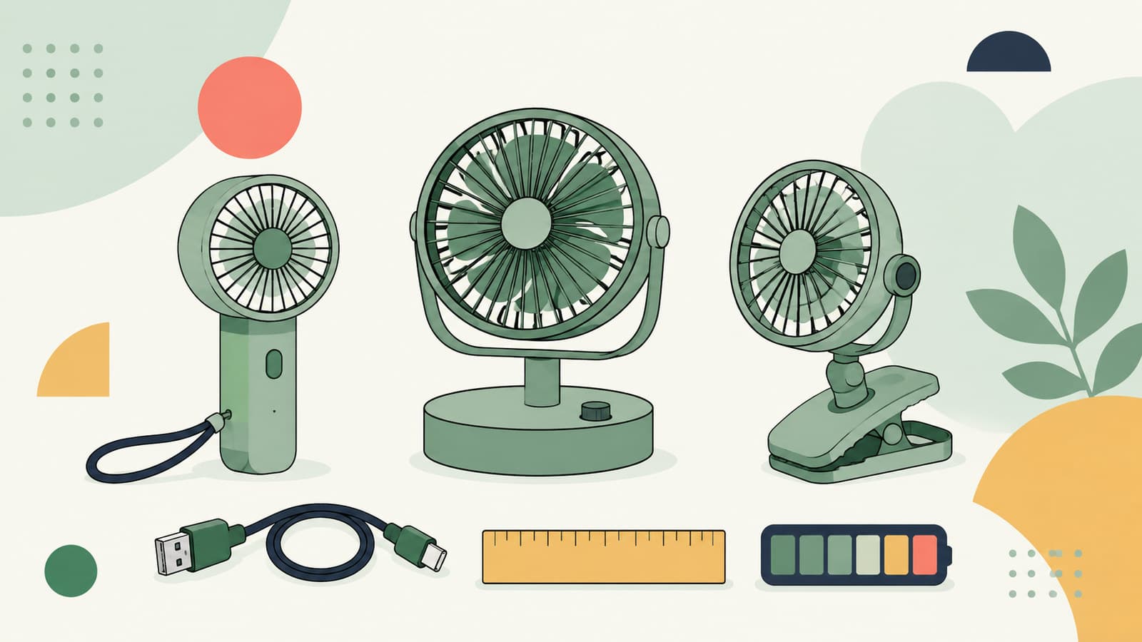 Portable fan buying guide with handheld, desktop, and clip-on fans beside a charging cable, ruler, and battery gauge