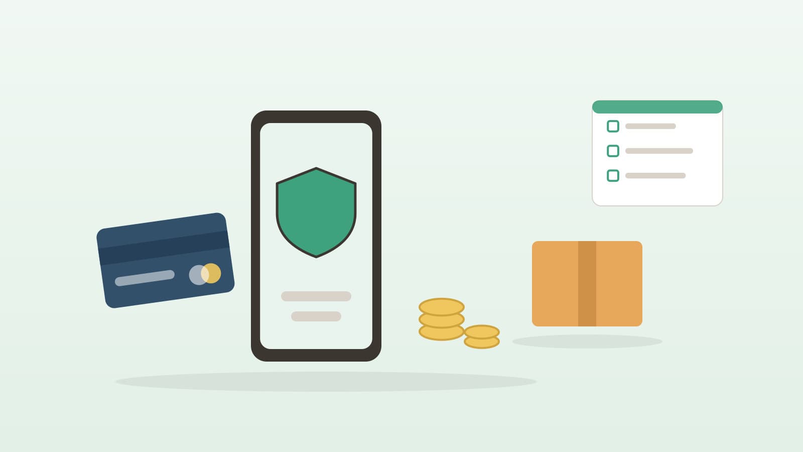 Phone showing a security shield beside a blank payment card, coins, a cash-on-delivery parcel, and a payment checklist
