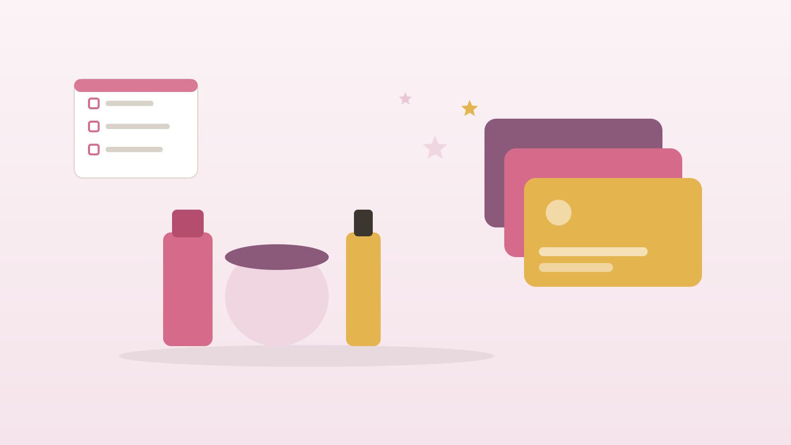 Skincare bottles and a cream jar beside three stacked loyalty tier cards with sparkle accents