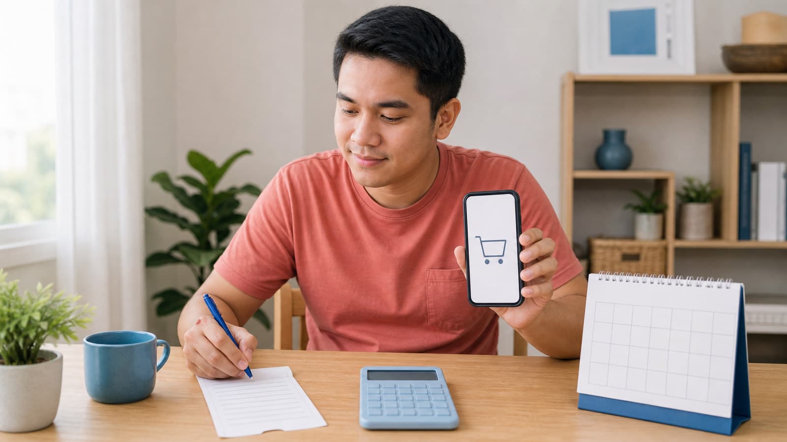 Filipino shopper planning a sale checkout with a blank phone cart, calendar, calculator, and price checklist