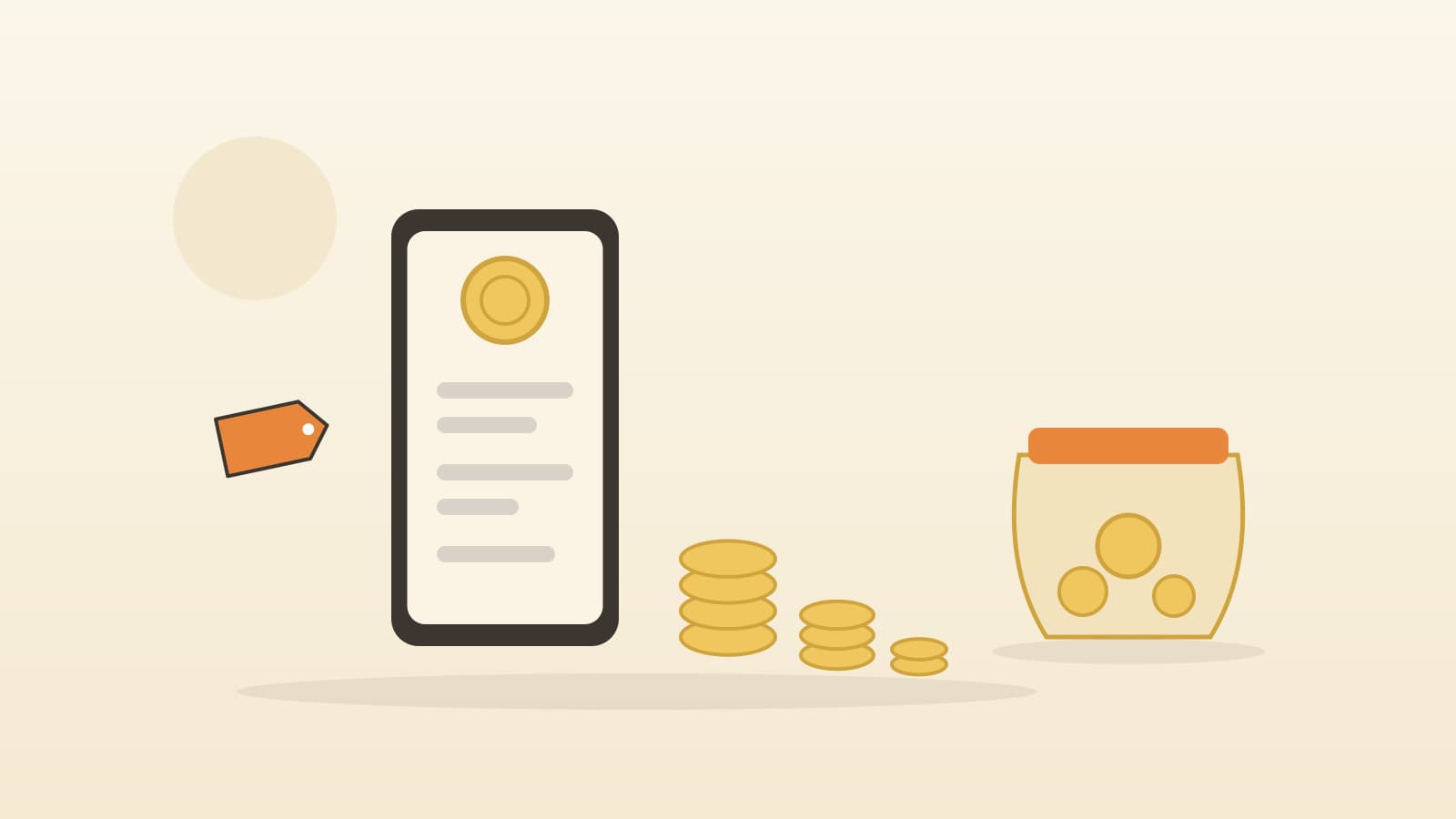 Phone wallet screen with a large coin beside stacked coins and a jar of coins in a flat illustration