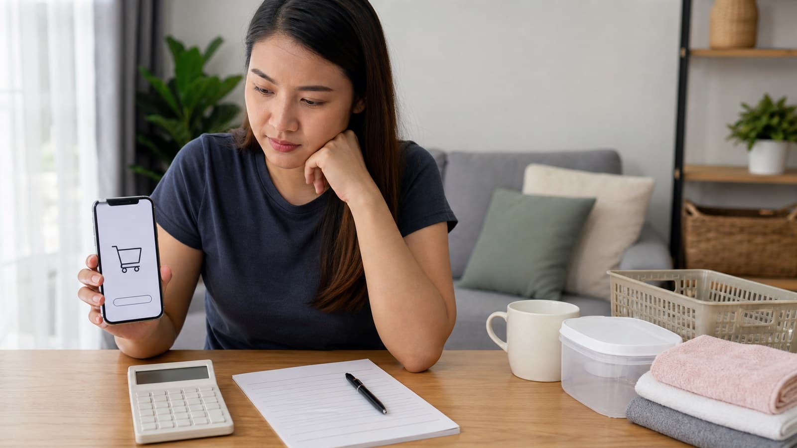 Shopper comparing an online cart minimum with a calculator and a short needs checklist