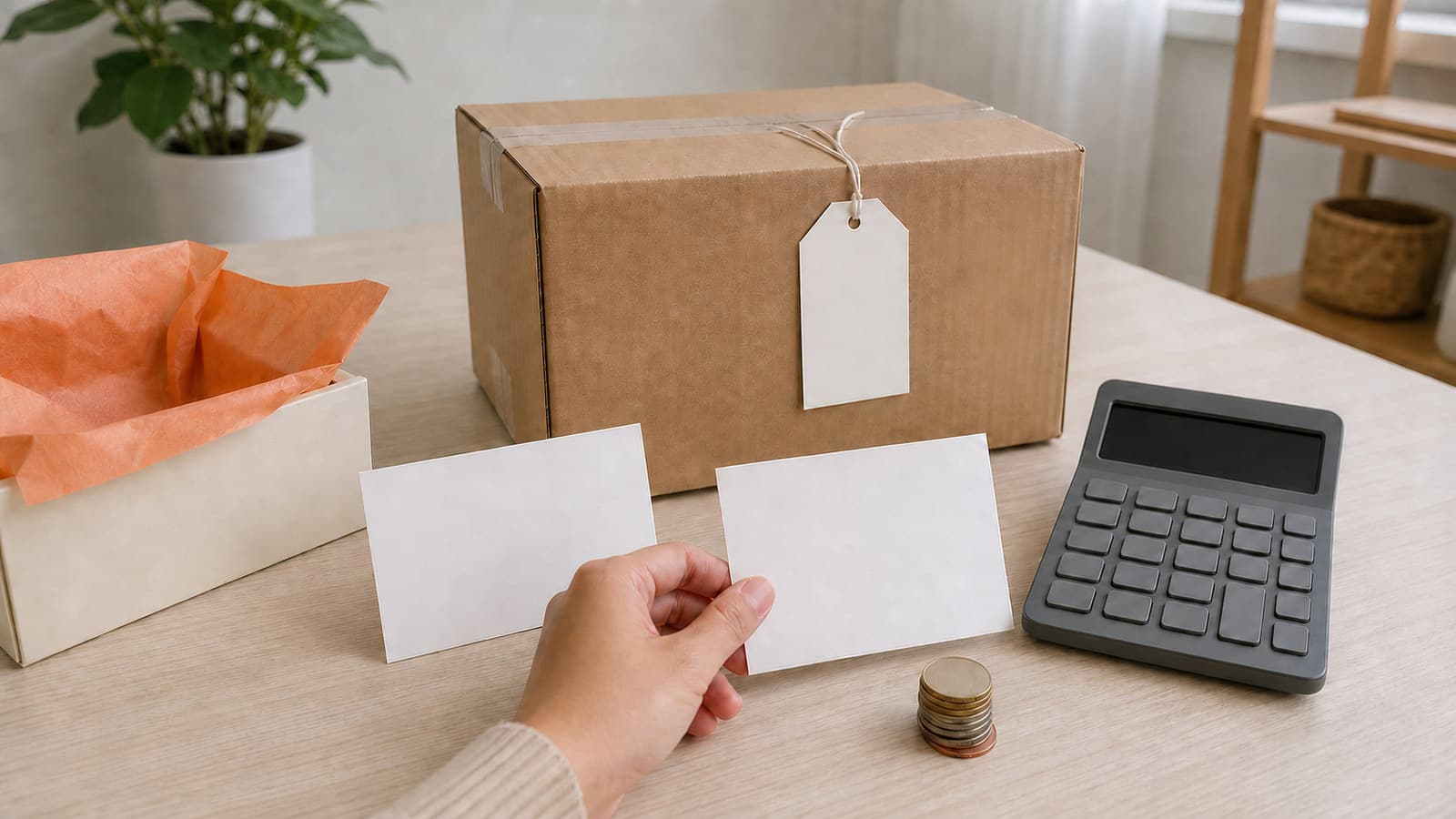 Unbranded parcel with blank comparison cards, plain coins, and an unmarked calculator on a home desk