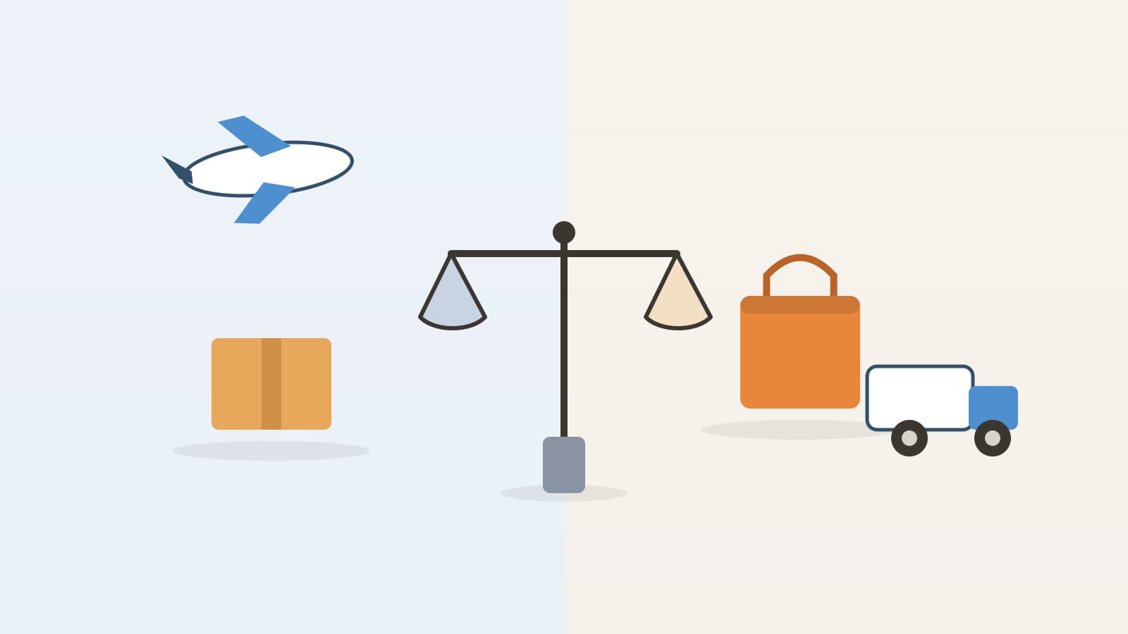 Split scene weighing cross-border delivery with a cargo plane and parcel against local delivery with a shopping bag and van on a balance scale