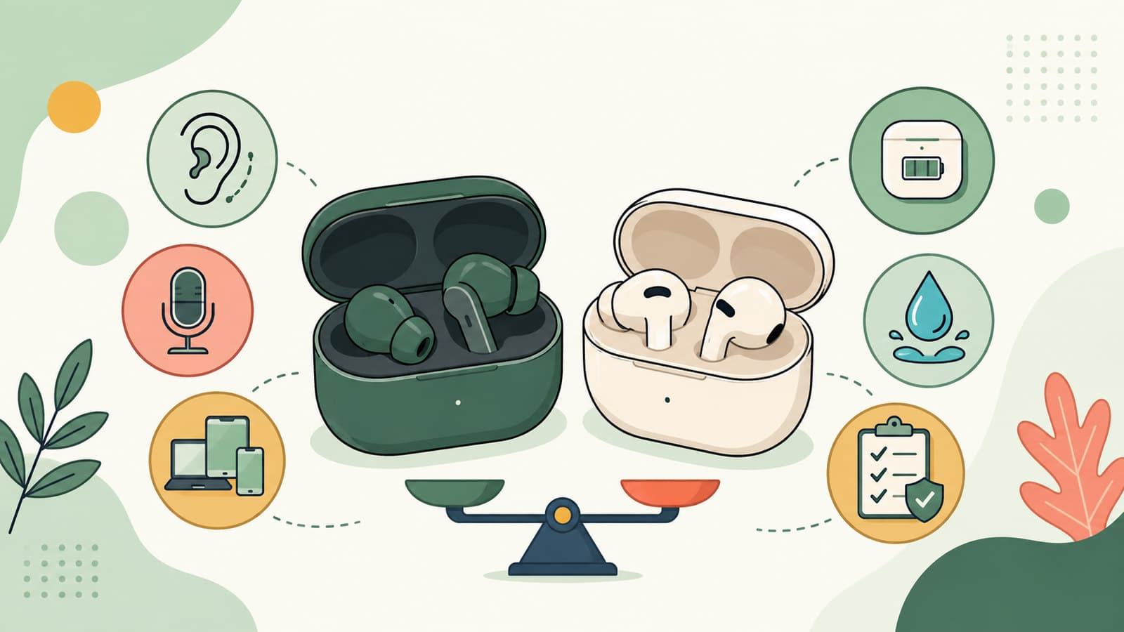 Wireless earbuds buying guide comparing unbranded earbud shapes, charging cases, fit, microphone, compatibility, battery, and warranty symbols